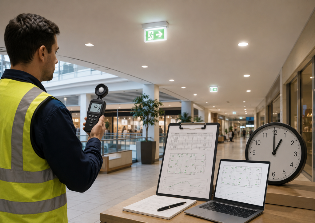 pomiary oświetlenia awaryjnego z siatką pomiarową w centrum handlowym